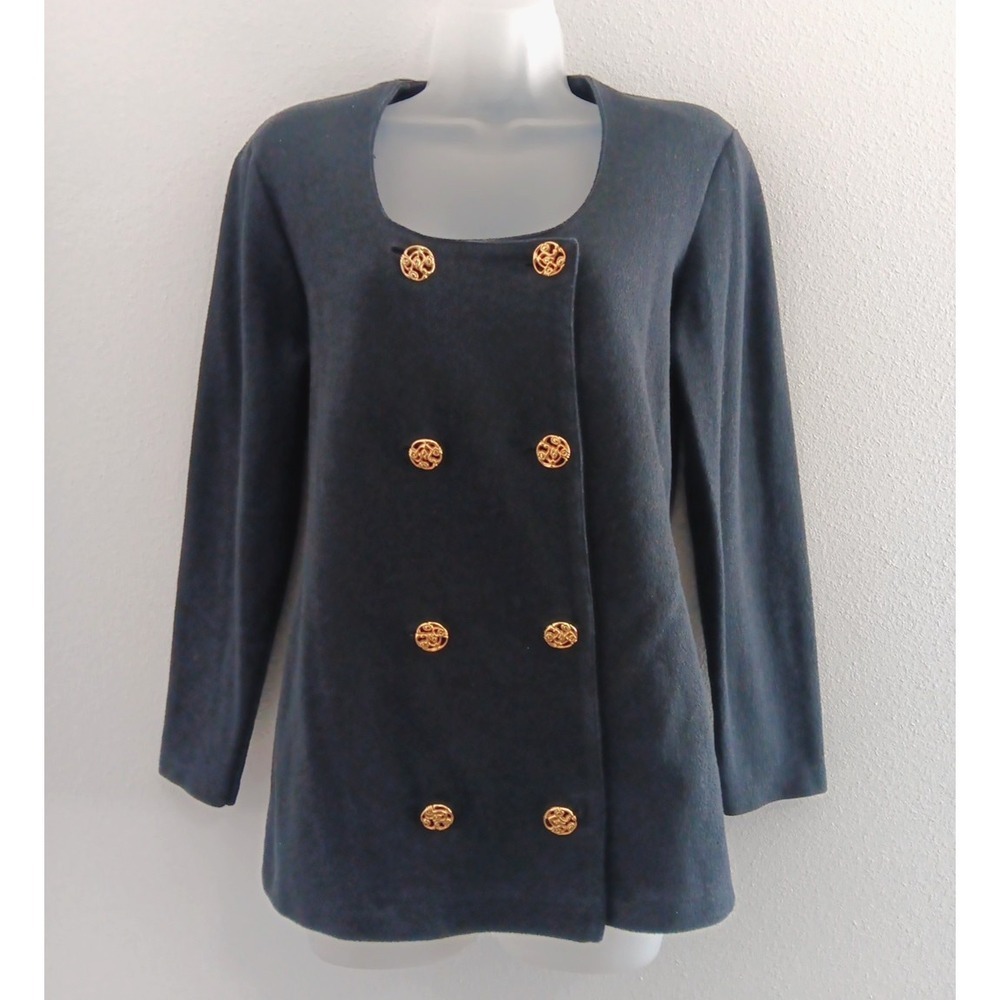 MODA Blazer Black Wool Size 10 Gold Buttons Scoop Neck Office Siren‎ Longline